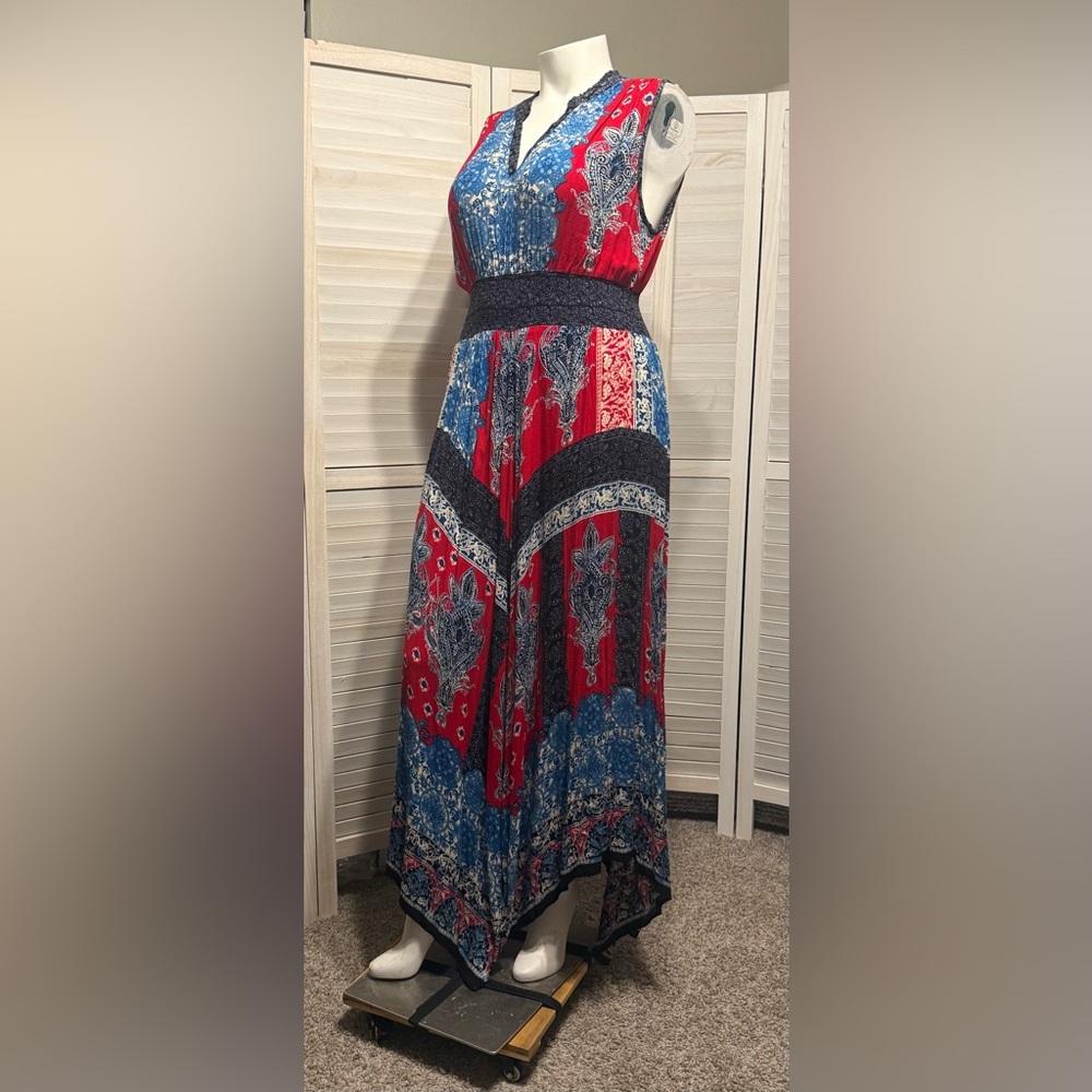 Bila Sleeveless Red and Blue Handkerchief Hem Boho Maxi Dress. Size XL
